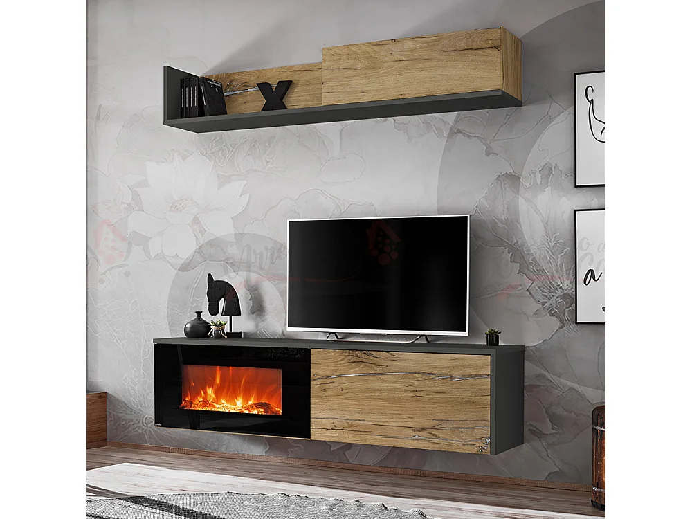 Parete attrezzata per soggiorno con biocamino e pensile orizzontale 180x180 antracite e rovere PAP135