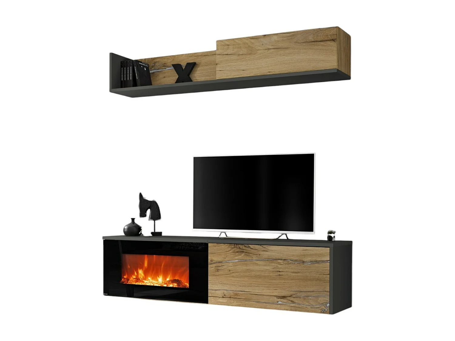 Parete attrezzata per soggiorno con biocamino e pensile orizzontale 180x180 antracite e rovere PAP135