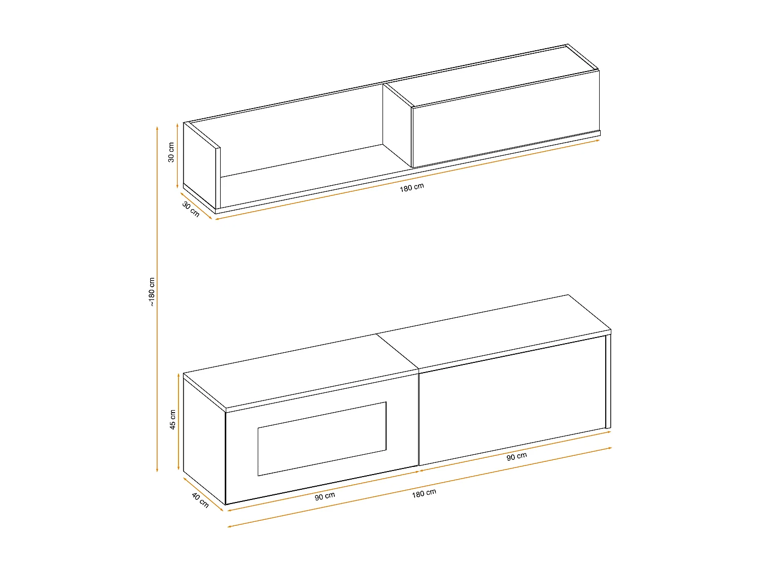 Parete attrezzata per soggiorno con biocamino e pensile orizzontale 180x180 antracite e rovere PAP135