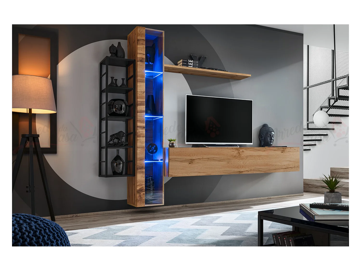 Parete attrezzata da soggiorno vetrina sospesa 240x180 rovere PAP79