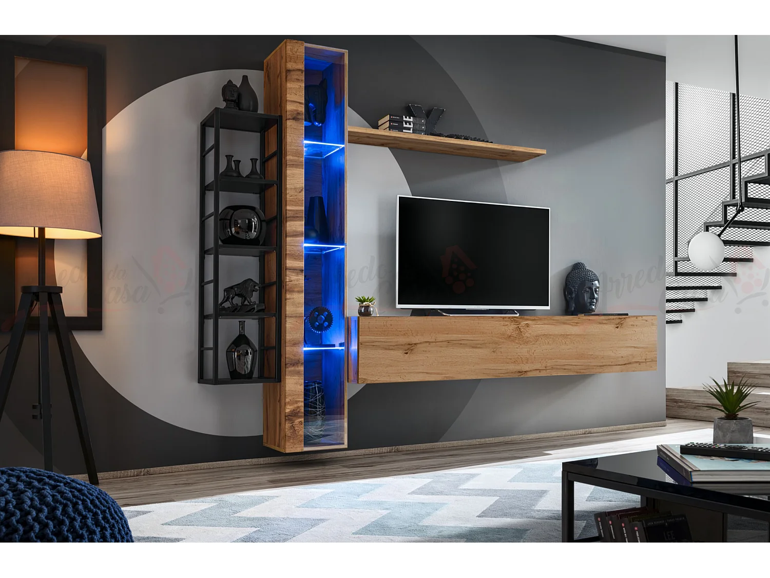 Parete attrezzata da soggiorno vetrina sospesa 240x180 rovere PAP79