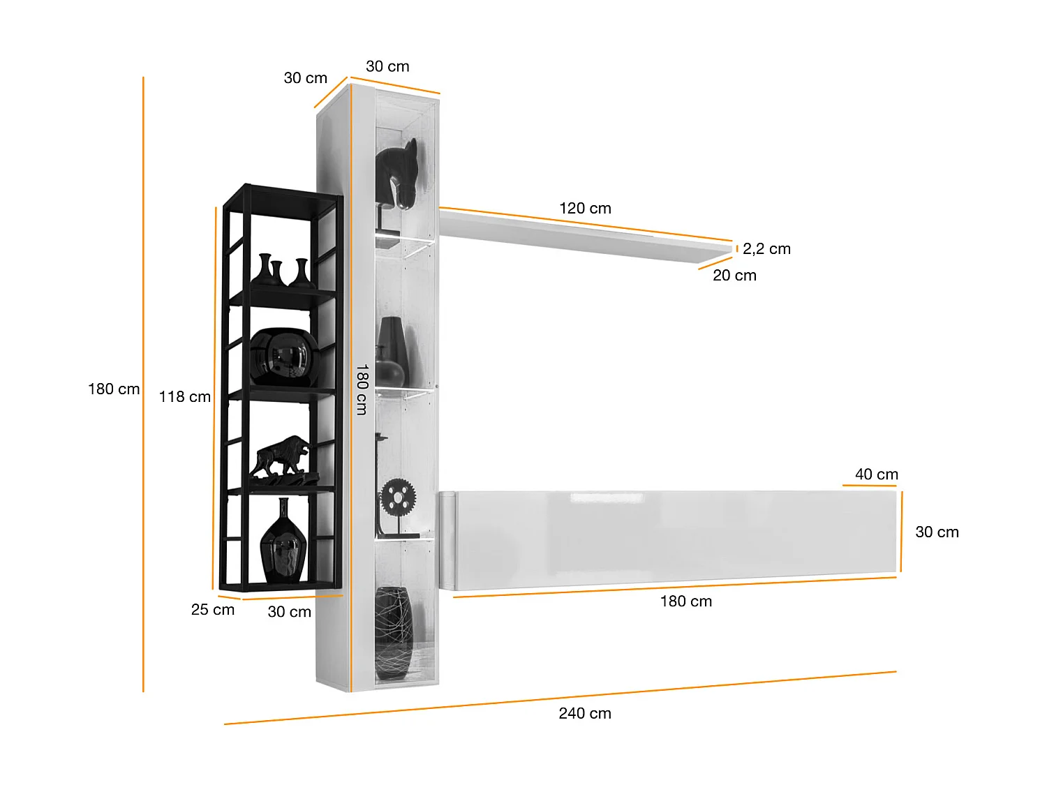 Parete attrezzata da soggiorno vetrina sospesa 240x180 rovere PAP79