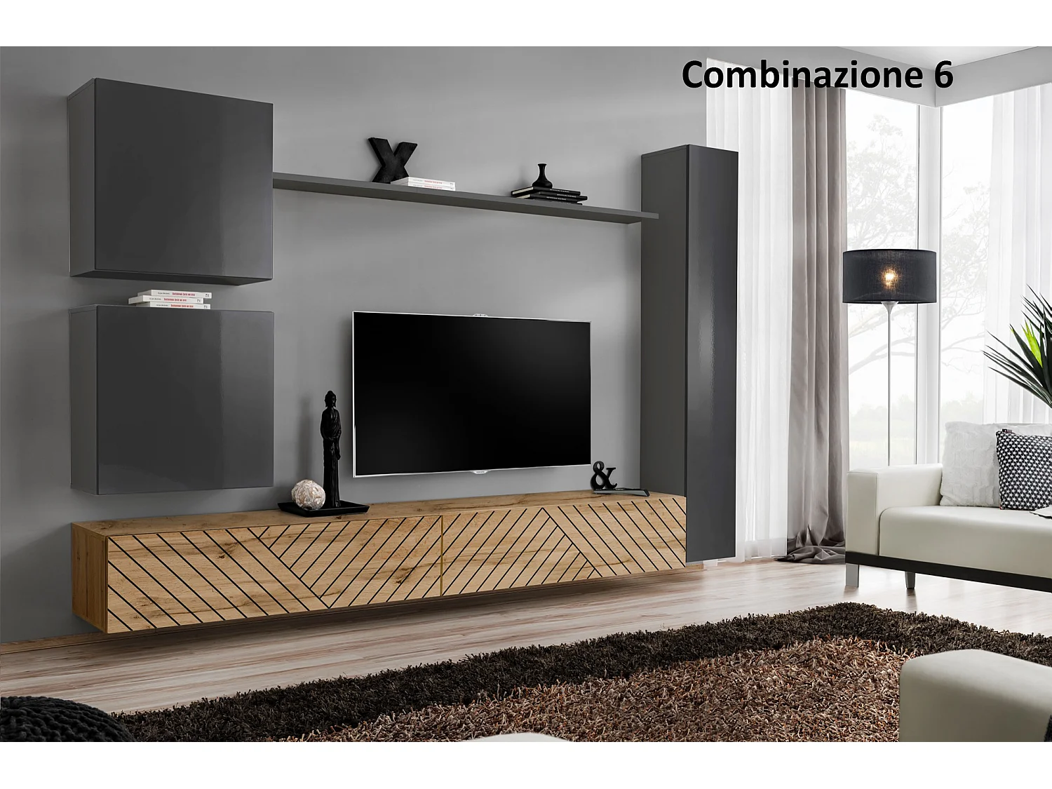 Parete attrezzata soggiorno design moderno PAP52 280x180 grigio e rovere