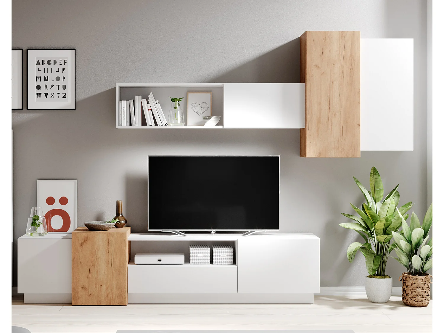 Parete attrezzata moderna bianca e rovere PALK3