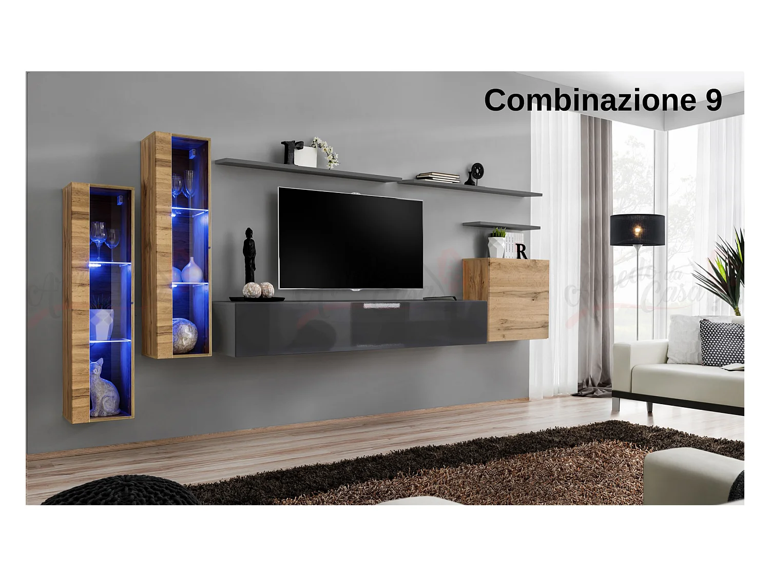 Parete attrezzata per soggiorno stile moderno PAP55 330x160 rovere e grigio