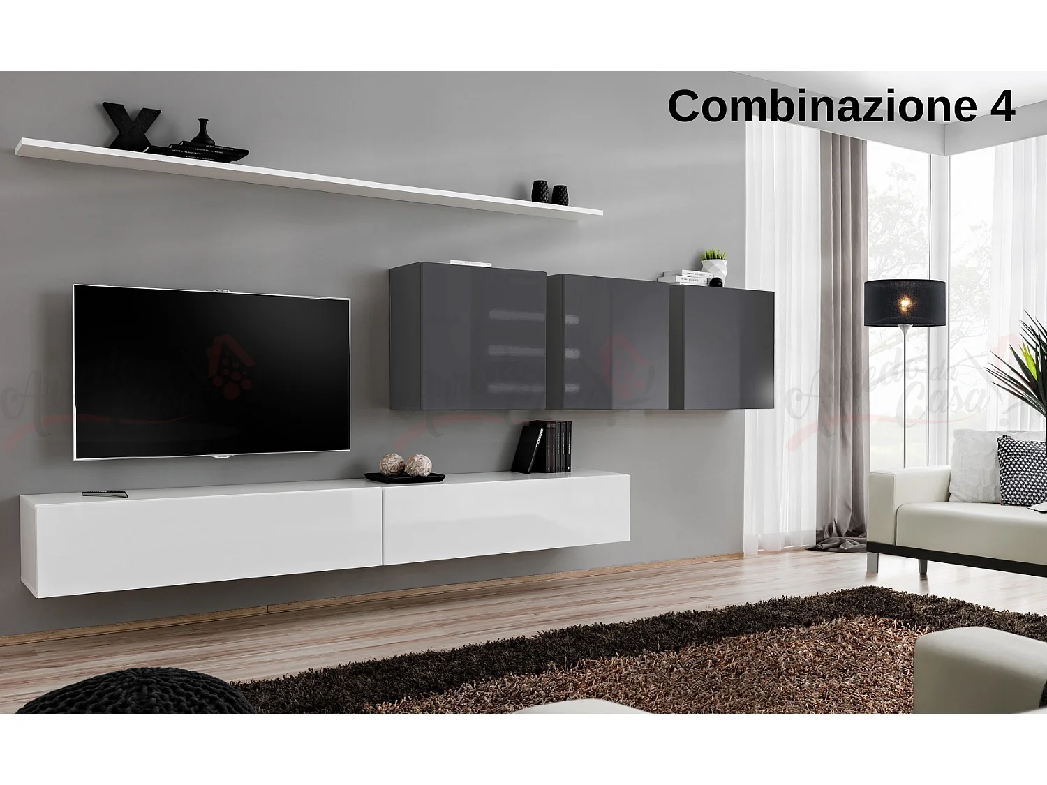 Parete attrezzata da soggiorno sospesa PAP51 340x150 bianco e grigio