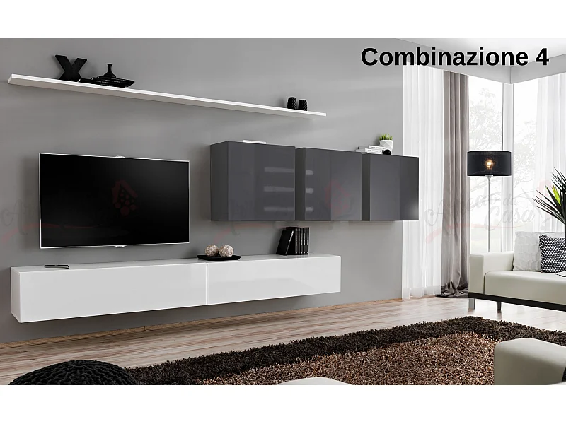 Parete attrezzata da soggiorno sospesa PAP51 340x150 bianco e grigio