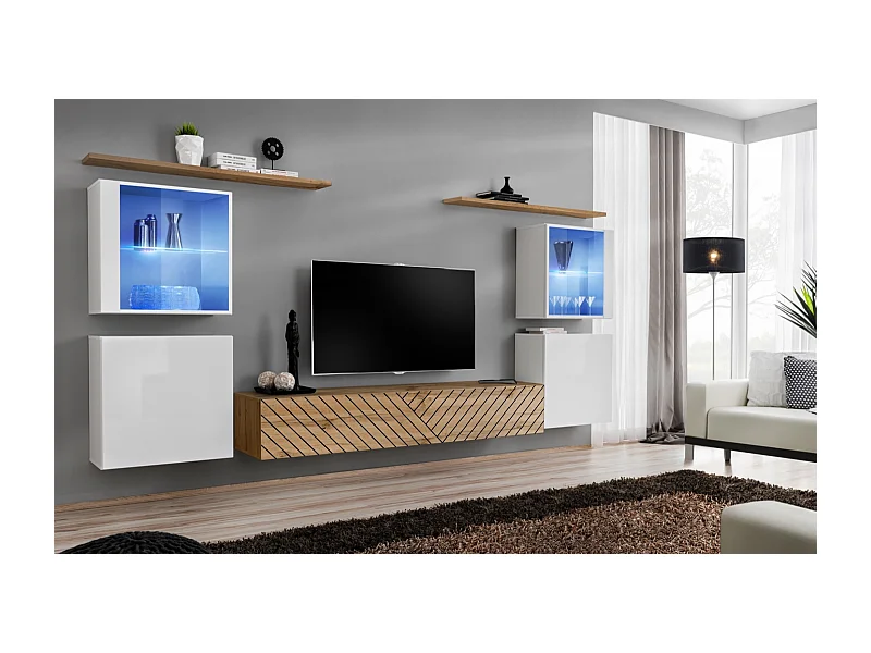 Parete attrezzata moderna con vetrine illuminate a led 320x150 bianco e rovere PAP58