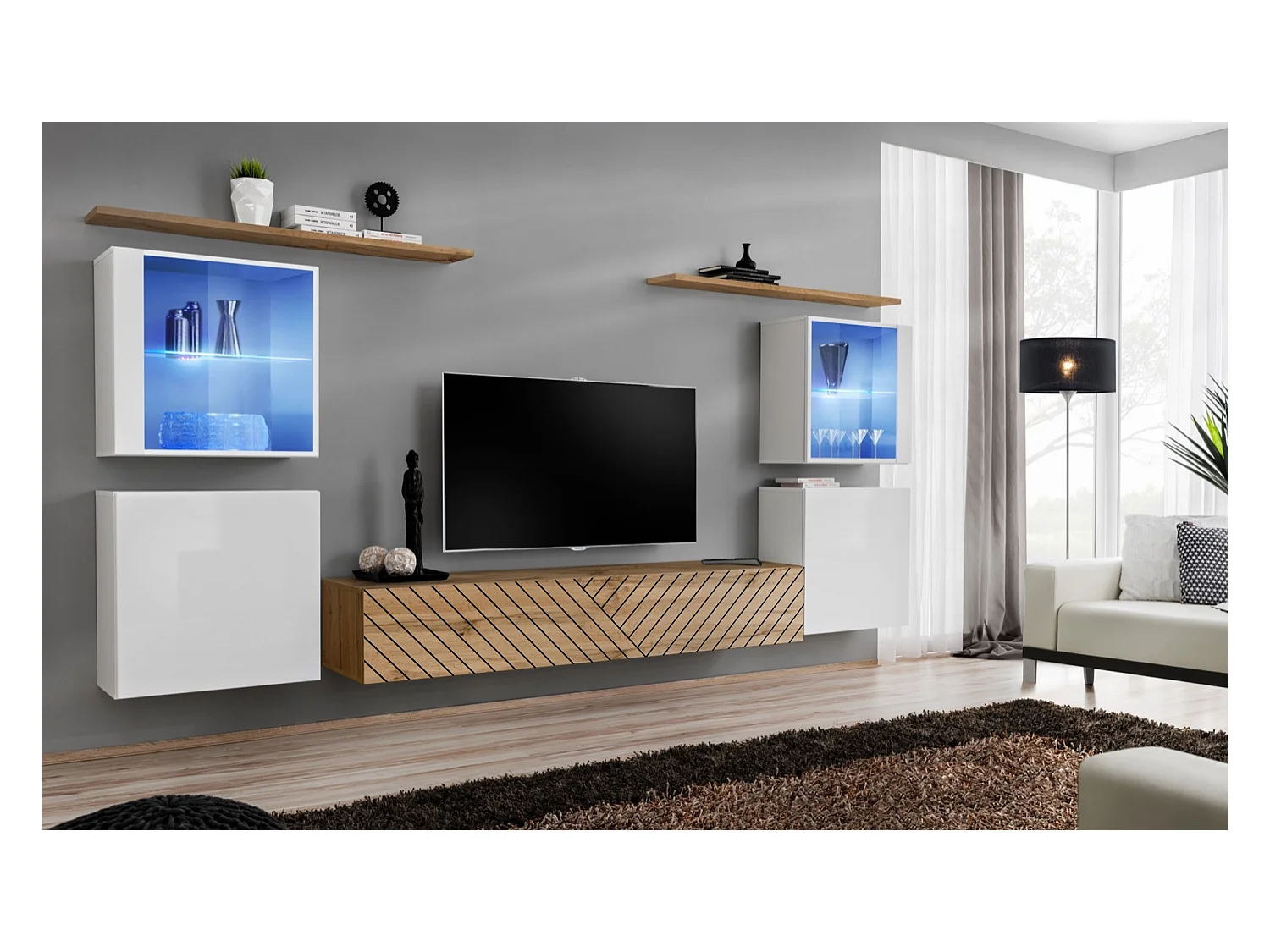 Parete attrezzata moderna con vetrine illuminate a led 320x150 bianco e rovere PAP58