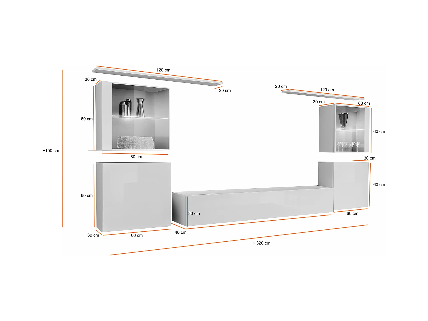 Parete attrezzata moderna con vetrine illuminate a led 320x150 bianco e rovere PAP58