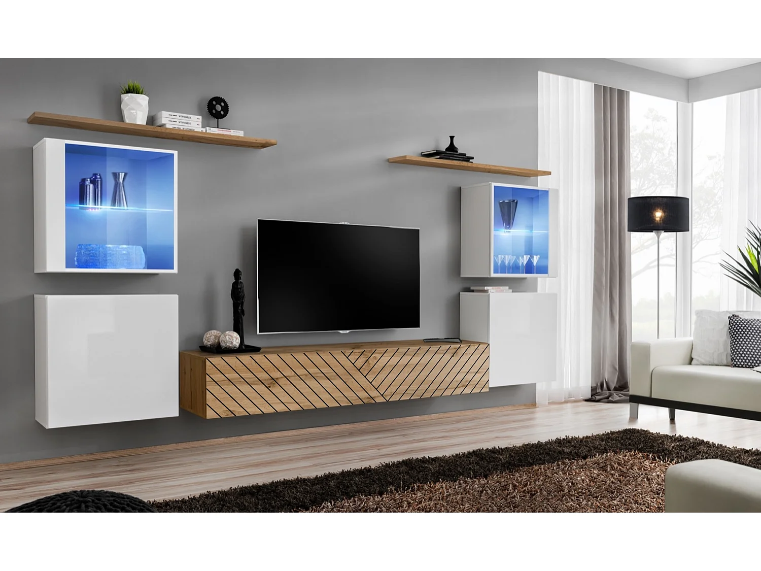 Parete attrezzata moderna con vetrine illuminate a led 320x150 bianco e rovere PAP58