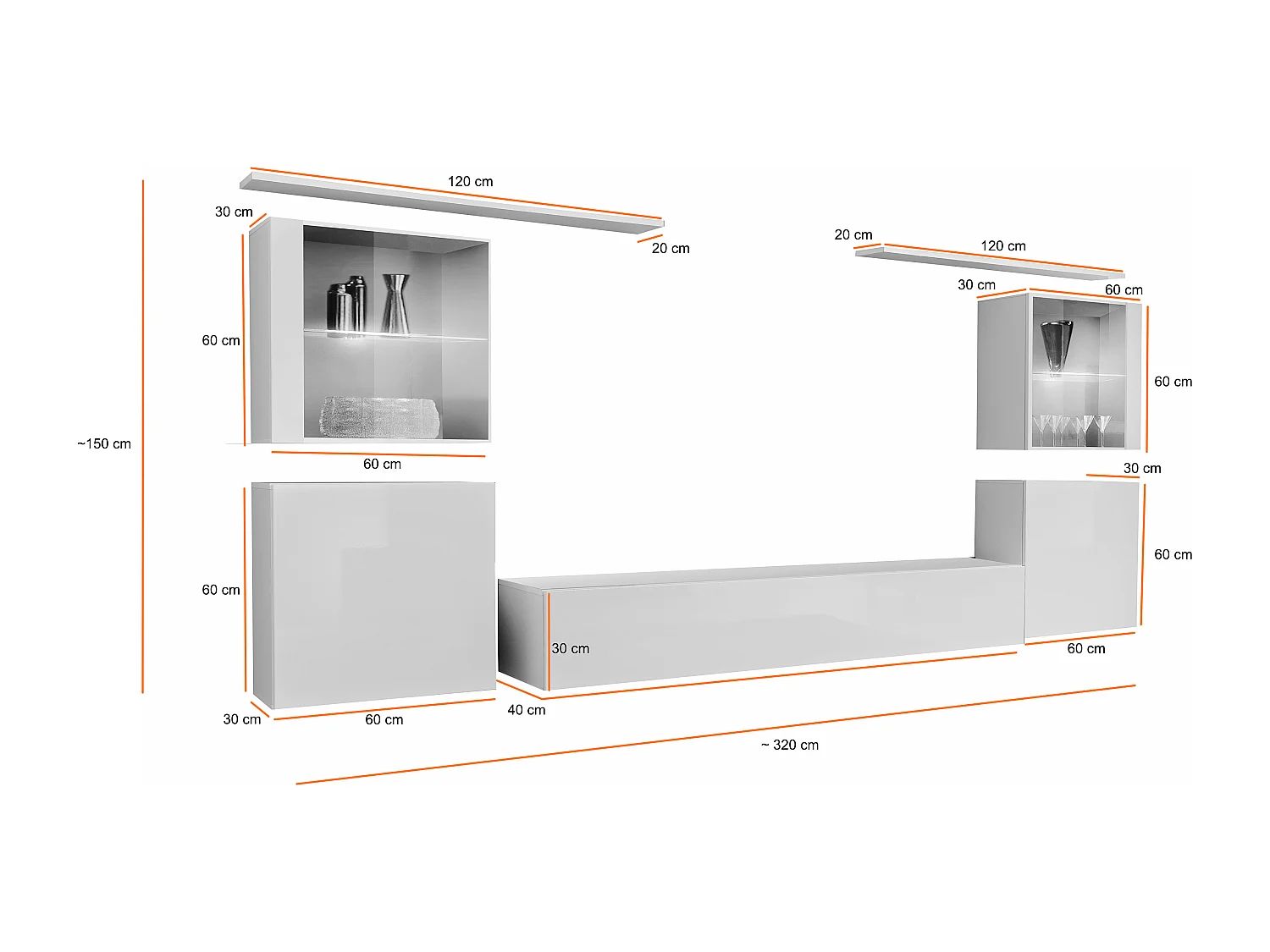 Parete attrezzata moderna con vetrine illuminate a led 320x150 bianco e rovere PAP58