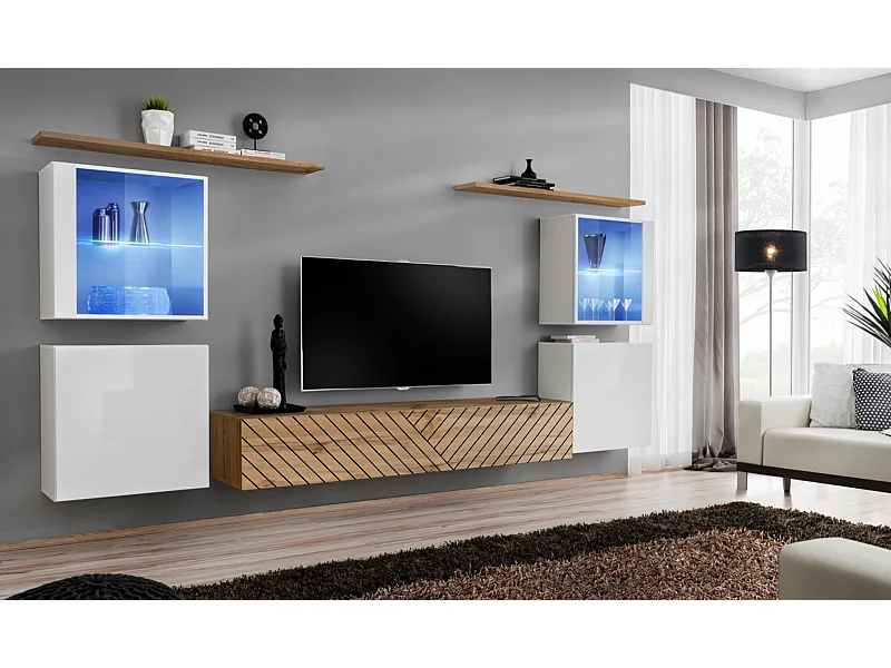 Parete attrezzata moderna con vetrine illuminate a led 320x150 bianco e rovere PAP58