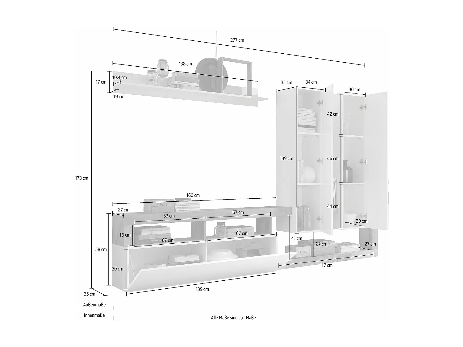 Parete attrezzata moderna a terra con pensili verticali 277x173 PAL2 bianco e ossido