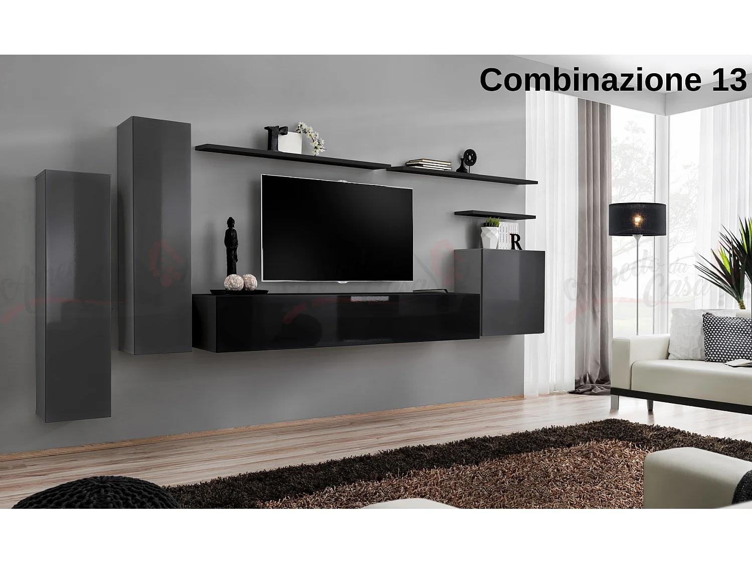 Parete attrezzata moderna sospesa PAP45 330x160 grigio e nero