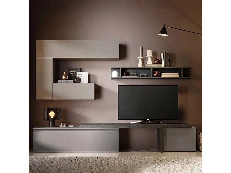 Parete attrezzata soggiorno 260x190 cm piombo, argilla e grigio PAL47