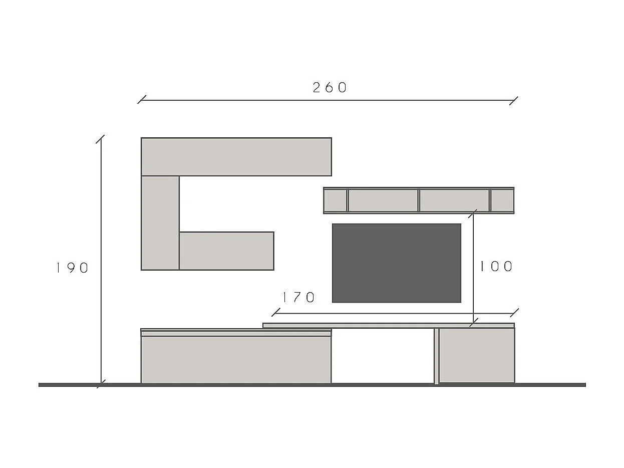 Parete attrezzata soggiorno 260x190 cm piombo, argilla e grigio PAL47