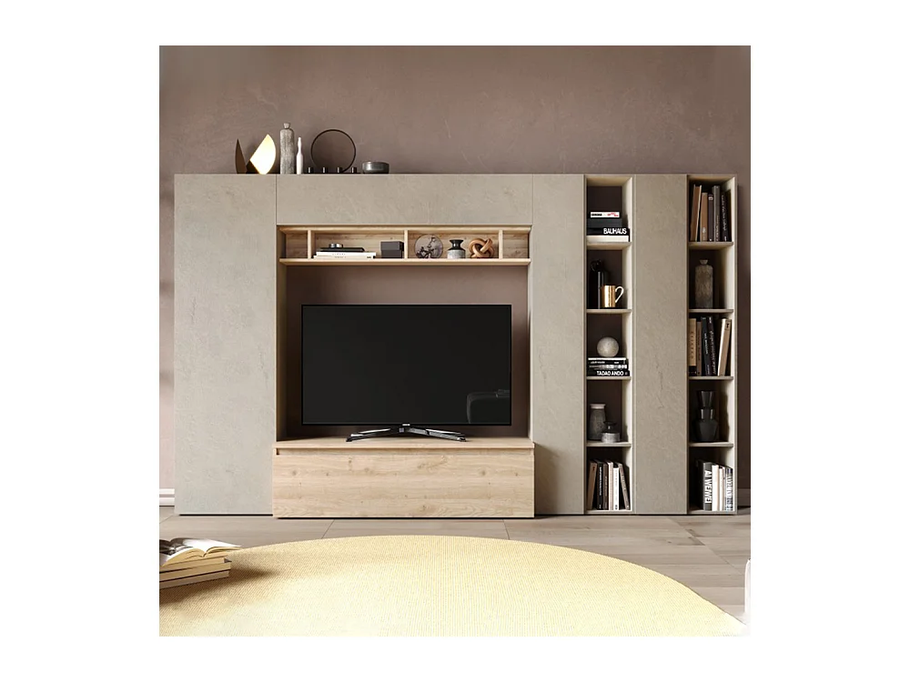 Parete attrezzata con libreria 305x186 cm argilla e rovere PAL43