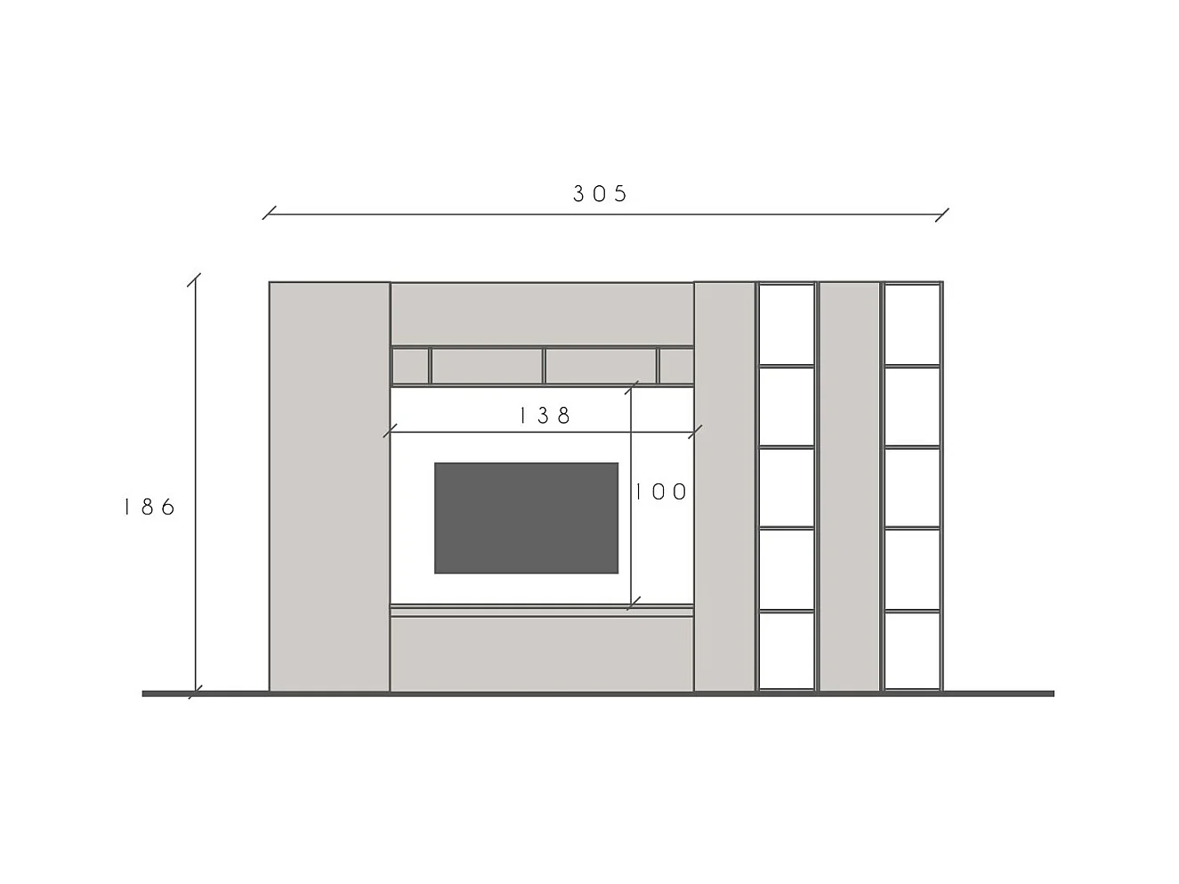Parete attrezzata con libreria 305x186 cm argilla e rovere PAL43