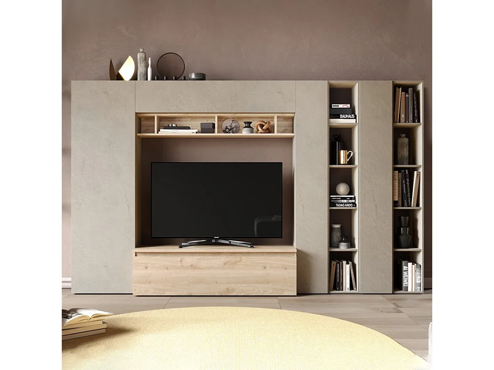 Parete attrezzata con libreria 305x186 cm argilla e rovere PAL43