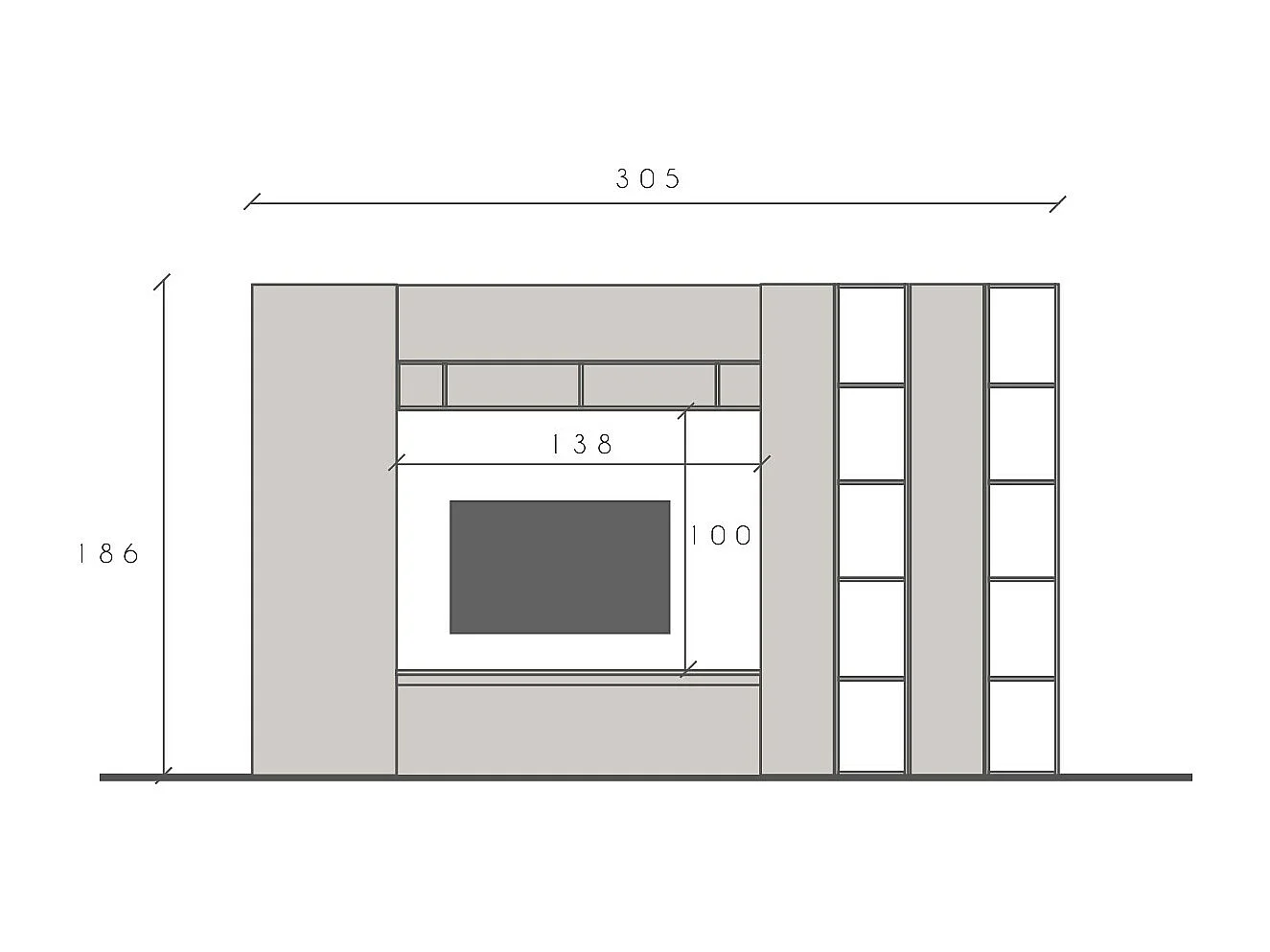 Parete attrezzata con libreria 305x186 cm argilla e rovere PAL43