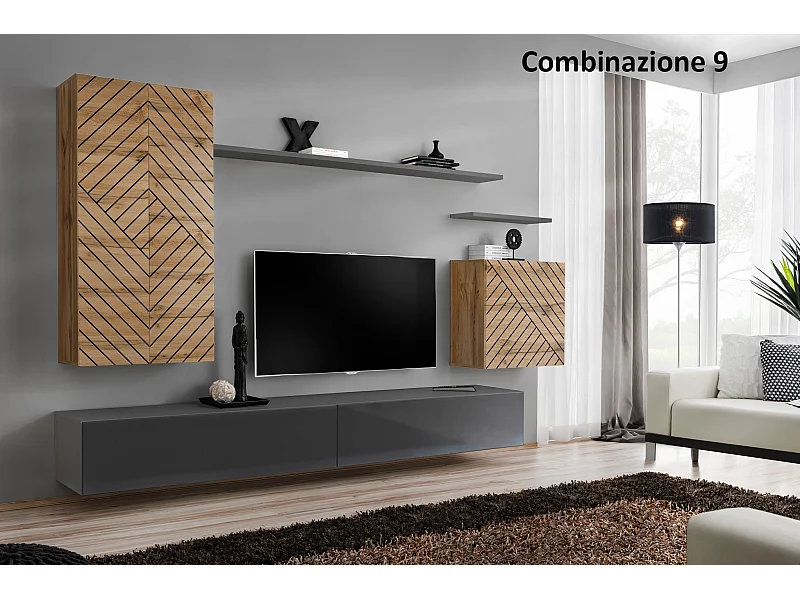 Parete attrezzata sospesa design moderno PAP46 270x160 rovere e grigio