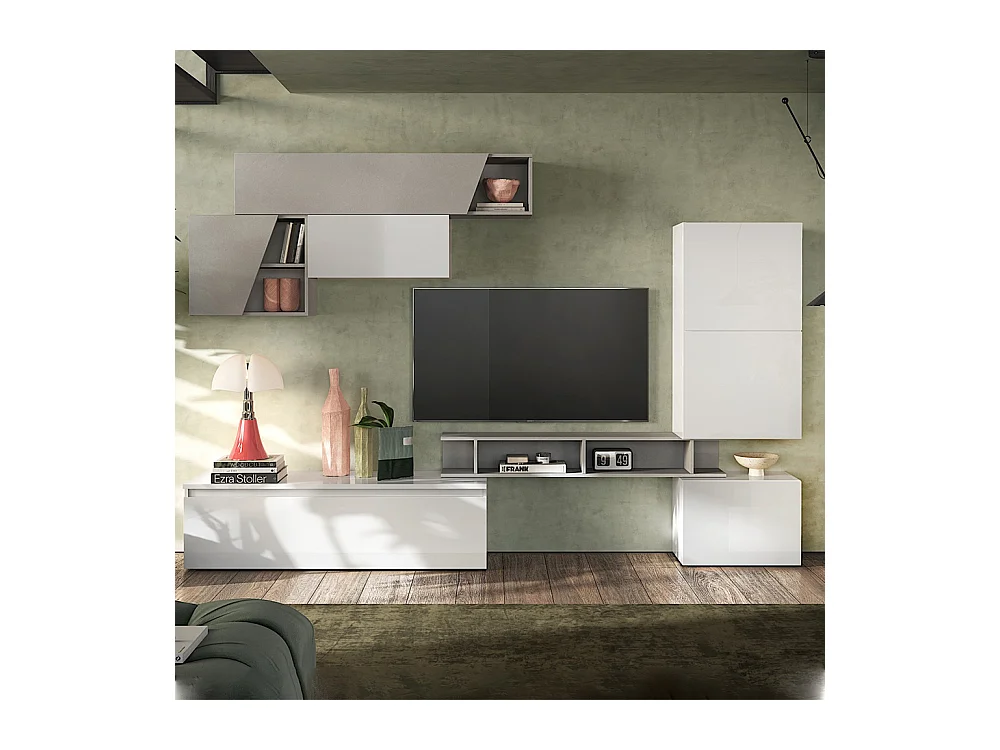 Parete attrezzata da soggiorno 310x210 cm bianco lucido e grigio chiaro PAL82