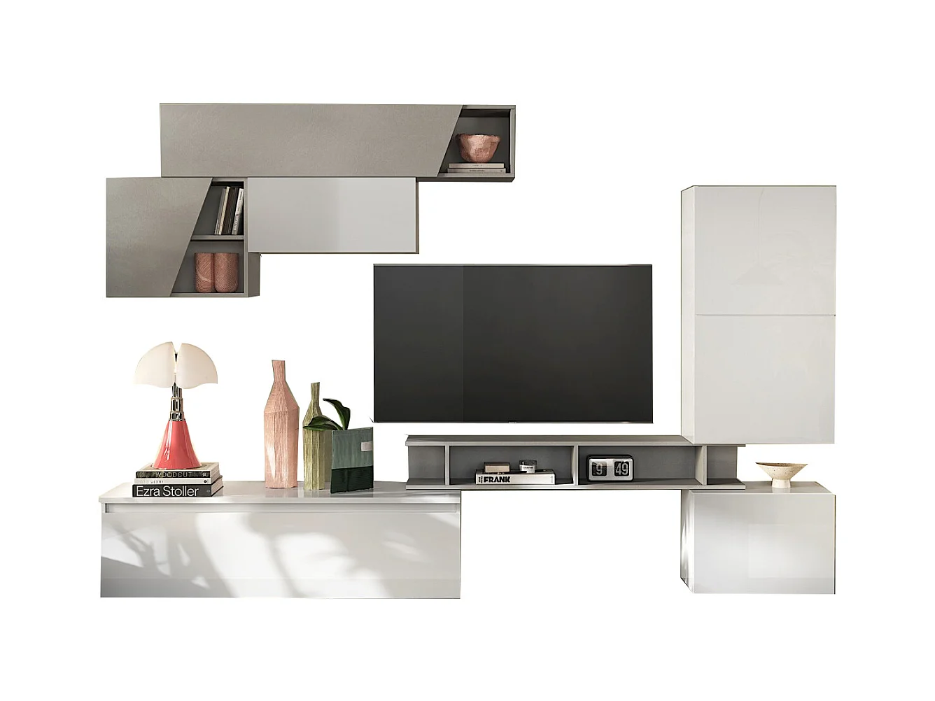 Parete attrezzata da soggiorno 310x210 cm bianco lucido e grigio chiaro PAL82