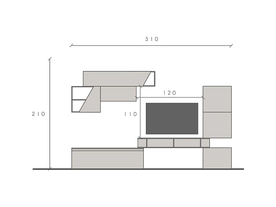 Parete attrezzata da soggiorno 310x210 cm bianco lucido e grigio chiaro PAL82