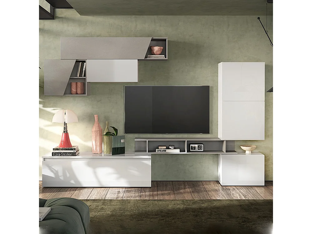 Parete attrezzata da soggiorno 310x210 cm bianco lucido e grigio chiaro PAL82