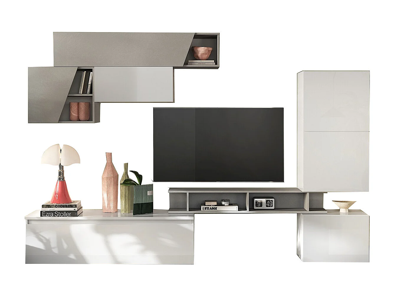 Parete attrezzata da soggiorno 310x210 cm bianco lucido e grigio chiaro PAL82