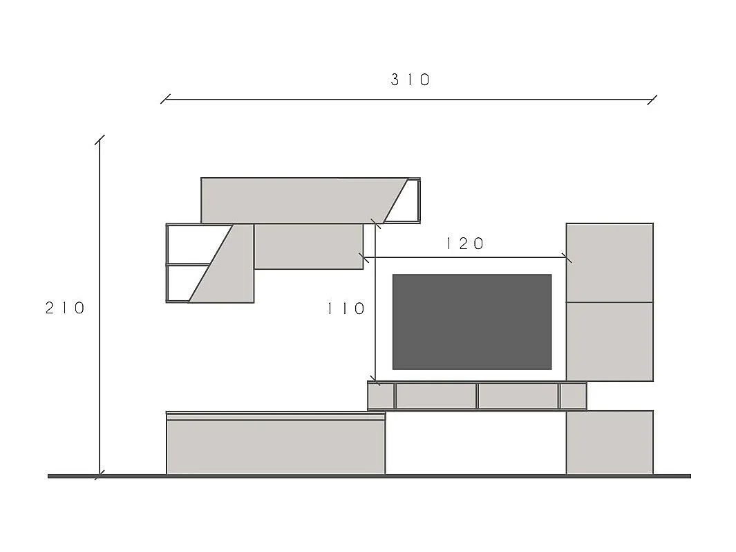 Parete attrezzata da soggiorno 310x210 cm bianco lucido e grigio chiaro PAL82