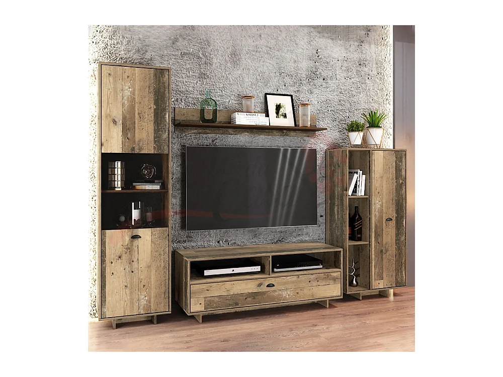 Parete attrezzata per salotto effetto legno PAI5 128x185 legno anticato