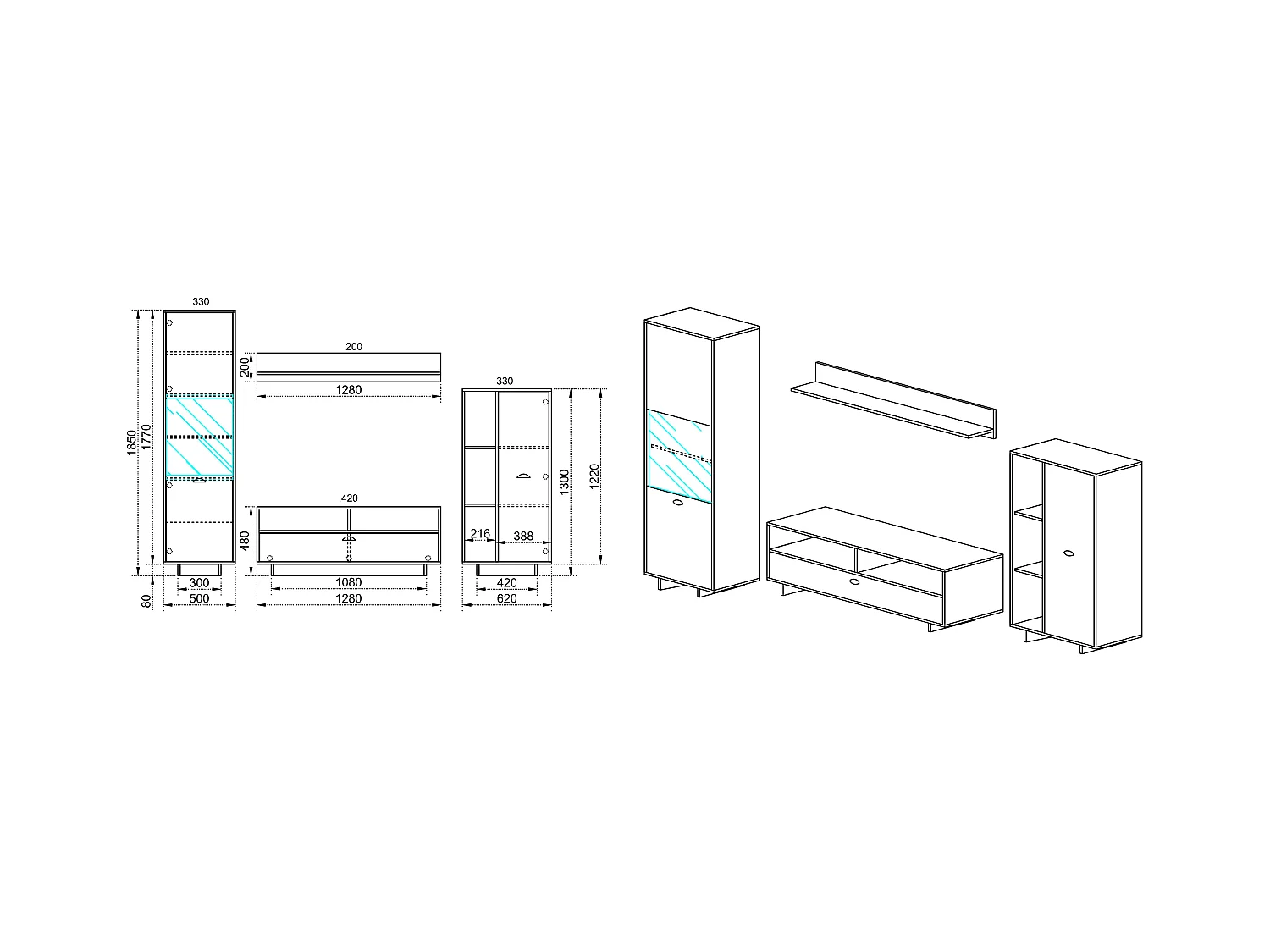 Parete attrezzata per salotto effetto legno PAI5 128x185 legno anticato