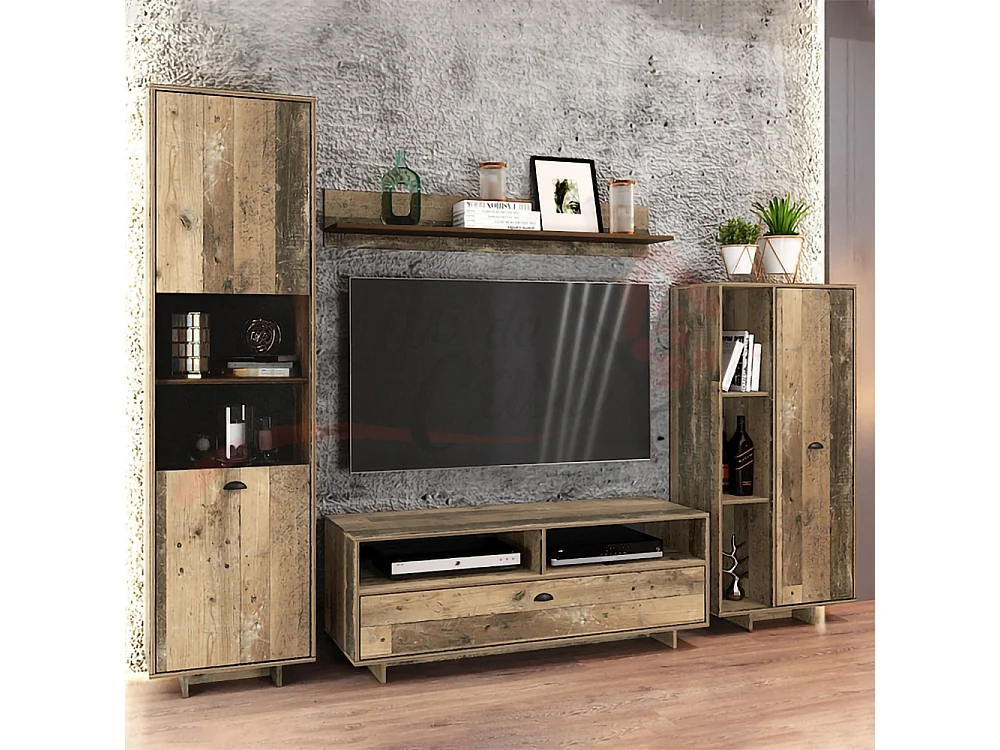 Parete attrezzata per salotto effetto legno PAI5 128x185 legno anticato