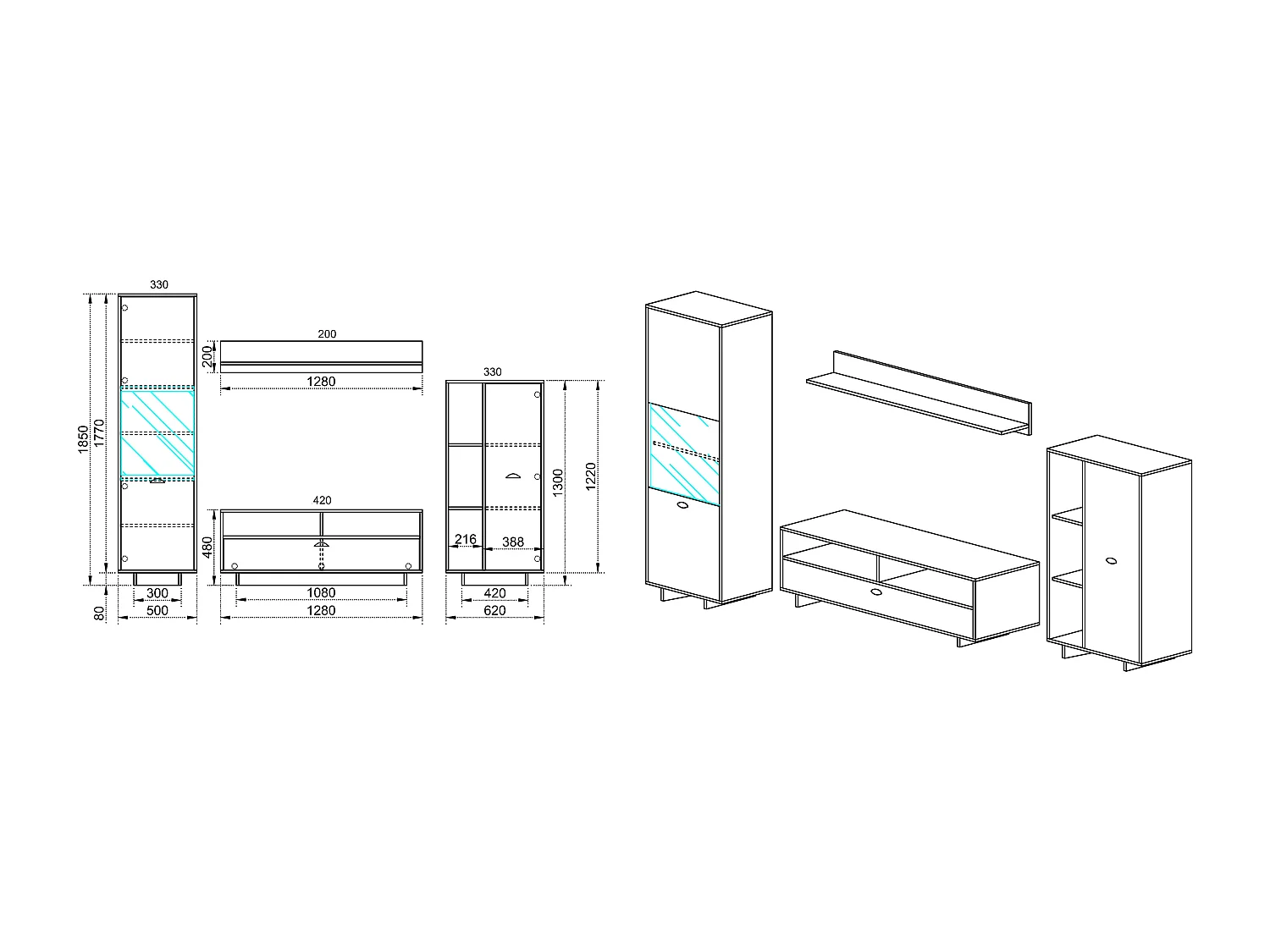 Parete attrezzata per salotto effetto legno PAI5 128x185 legno anticato