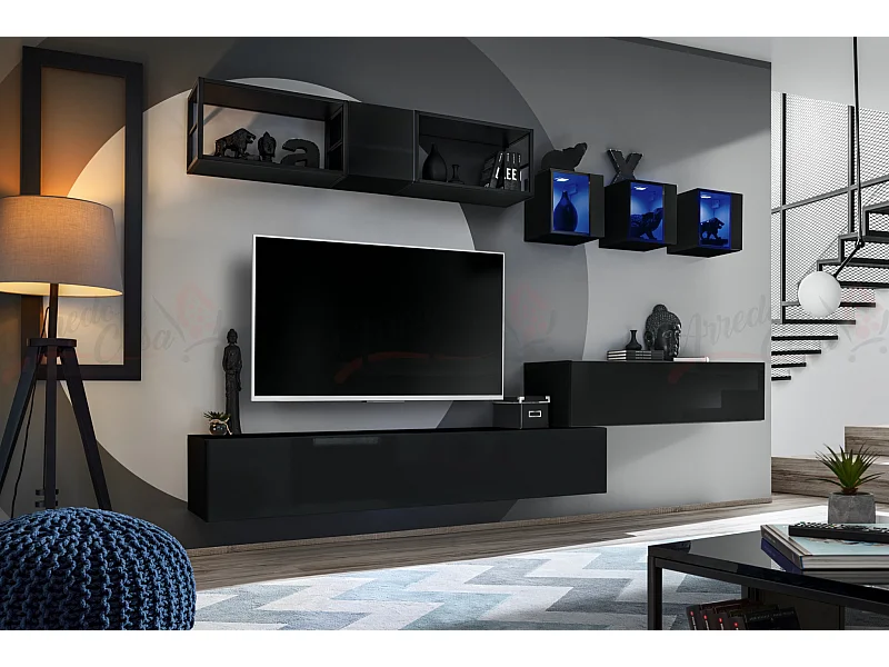 Parete attrezzata soggiorno con tre vetrine illuminate 280x170 nero PAP75