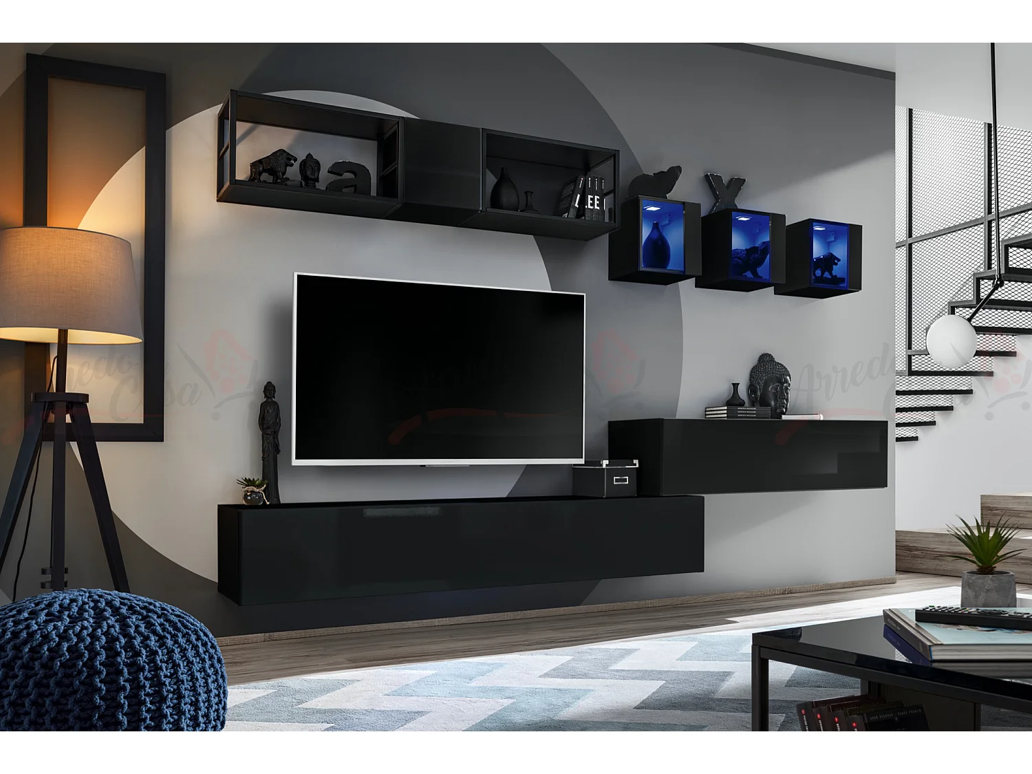 Parete attrezzata soggiorno con tre vetrine illuminate 280x170 nero PAP75