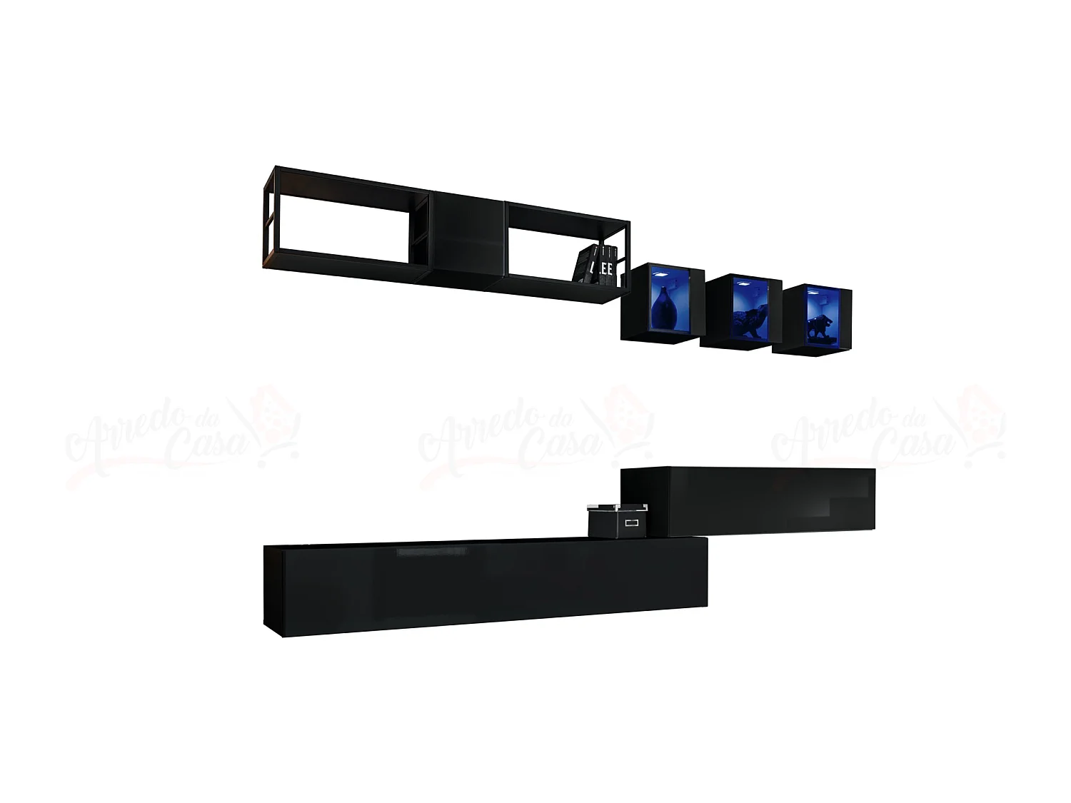 Parete attrezzata soggiorno con tre vetrine illuminate 280x170 nero PAP75