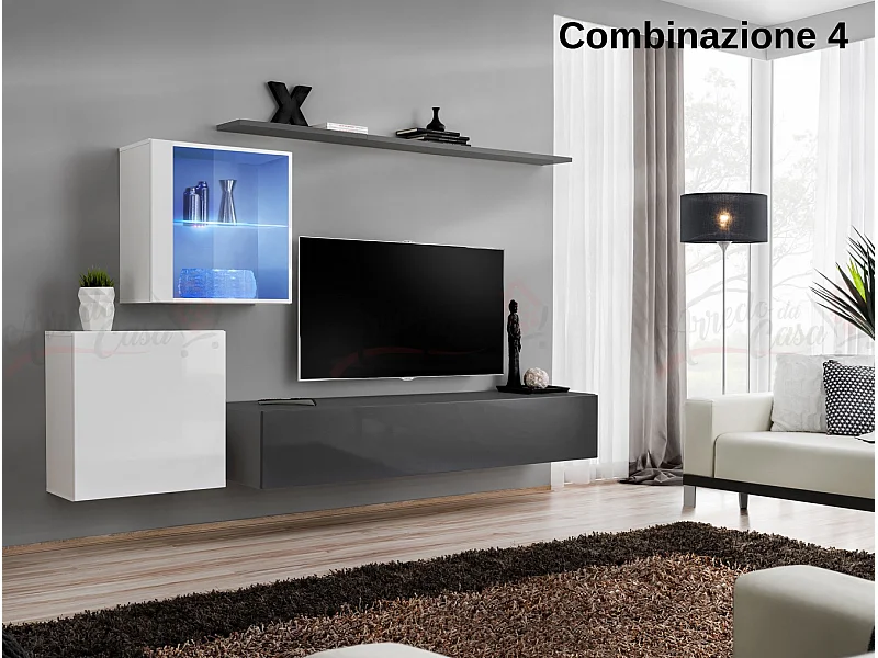 Parete attrezzata design moderno con vetrina illuminata PAP59 250x150 bianco e grigio