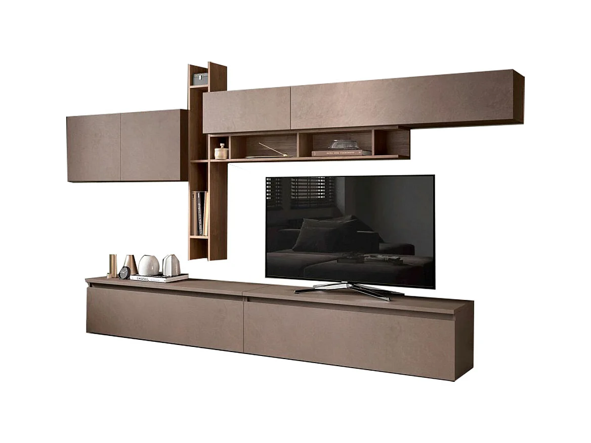 Parete attrezzata elegante 336x210 cm bronzo e noce PAL40