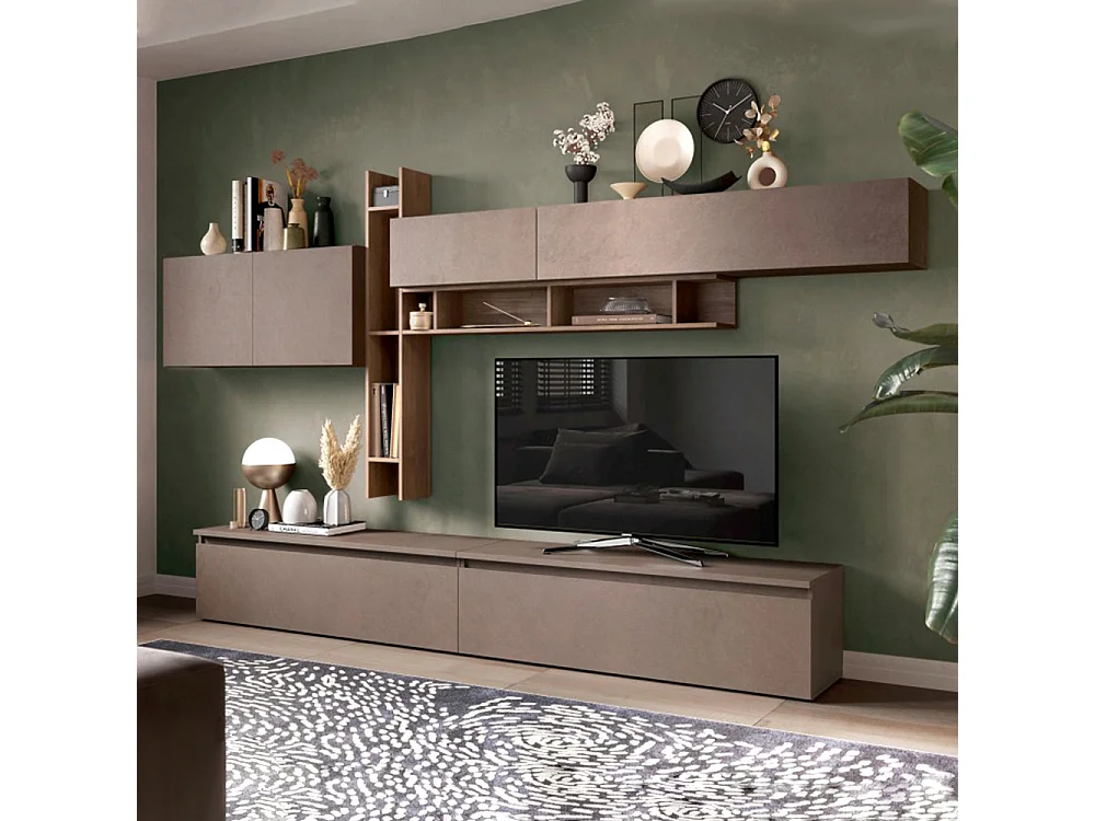 Parete attrezzata elegante 336x210 cm bronzo e noce PAL40