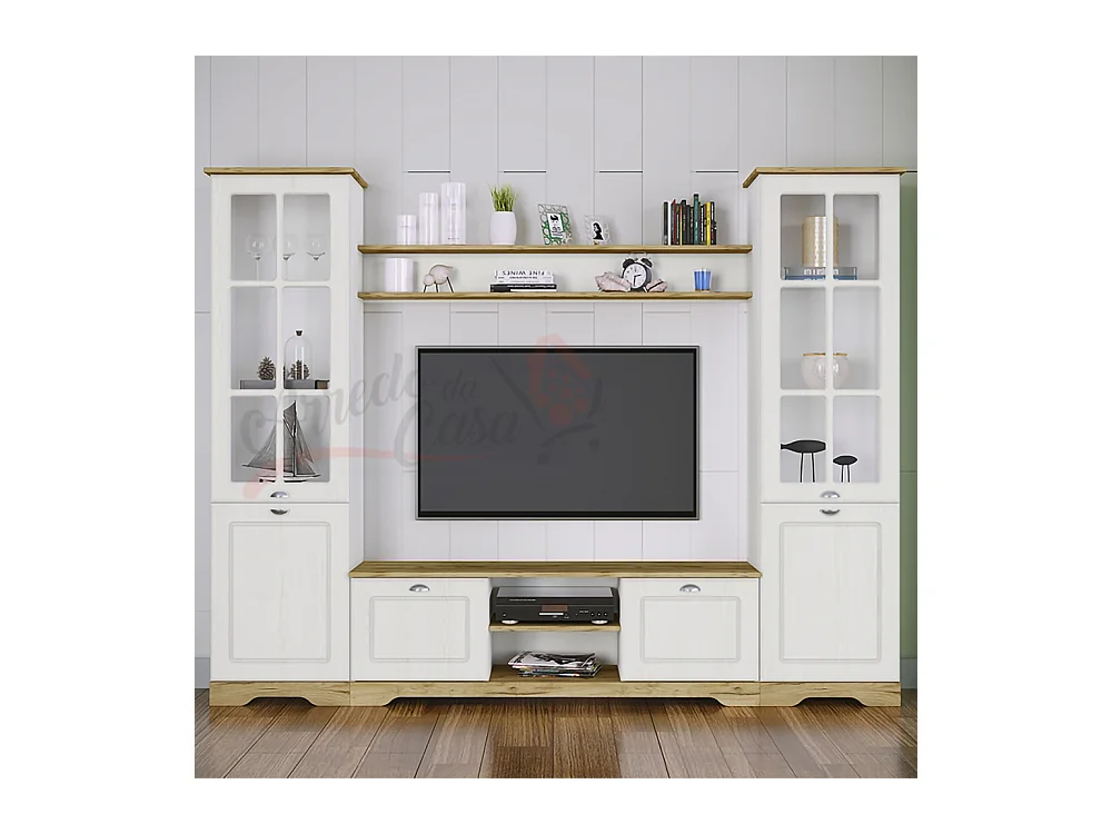 Parete attrezzata da soggiorno con due vetrine SILL 231x180 bianco opaco e rovere