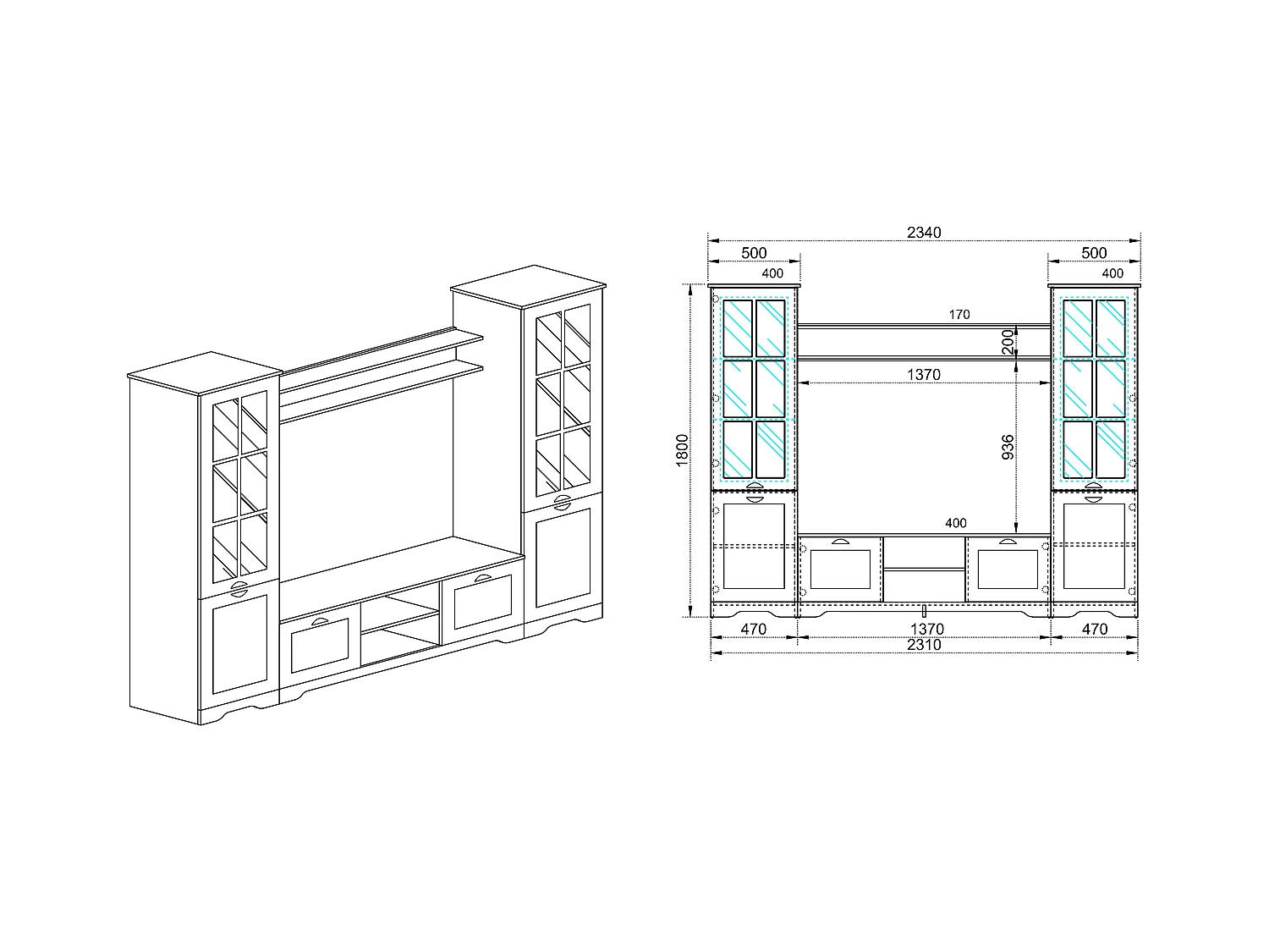 Parete attrezzata da soggiorno con due vetrine SILL 231x180 bianco opaco e rovere