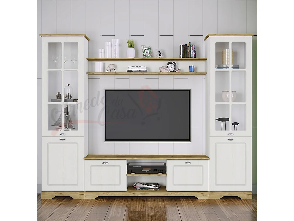 Parete attrezzata da soggiorno con due vetrine SILL 231x180 bianco opaco e rovere