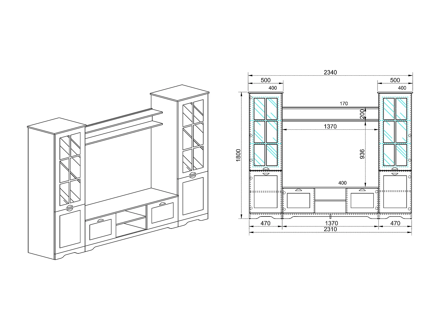 Parete attrezzata da soggiorno con due vetrine SILL 231x180 bianco opaco e rovere