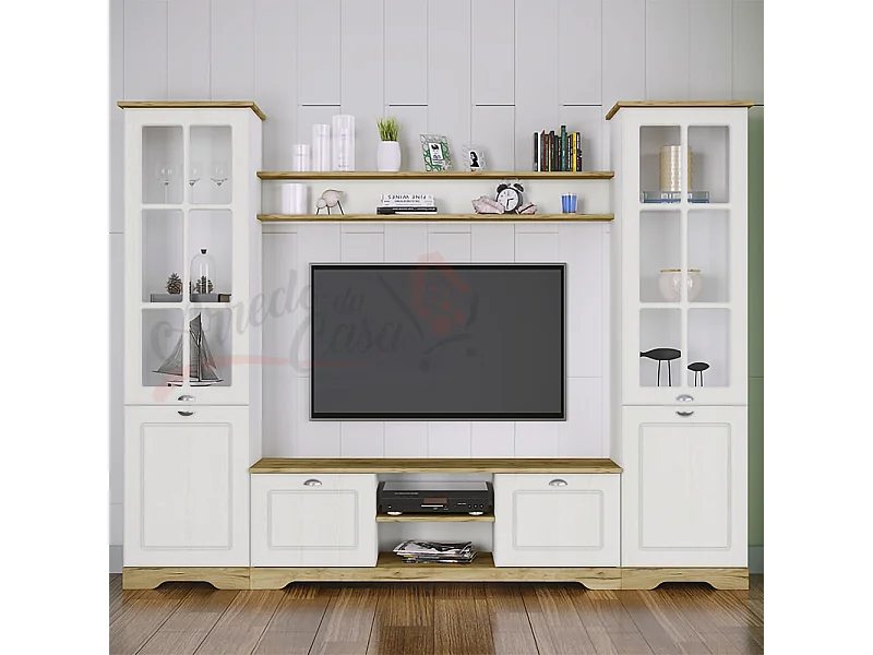 Parete attrezzata da soggiorno con due vetrine SILL 231x180 bianco opaco e rovere