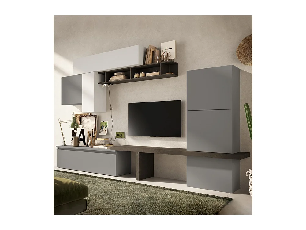 Parete attrezzata moderna con cubo pensile 295x192 cm grigio, grigio chiaro e piombo PAL15