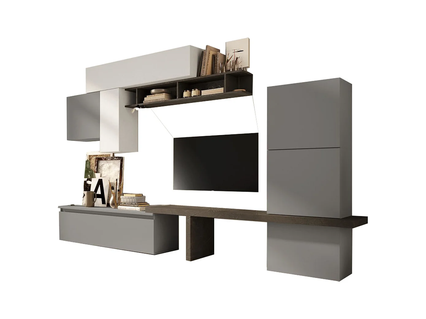 Parete attrezzata moderna con cubo pensile 295x192 cm grigio, grigio chiaro e piombo PAL15