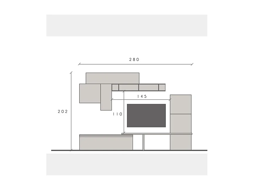 Parete attrezzata moderna con cubo pensile 295x192 cm grigio, grigio chiaro e piombo PAL15
